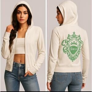 Juicy Couture VINTAGE Y2K White Terry Cloth Zip Hoodie Green Crest Small